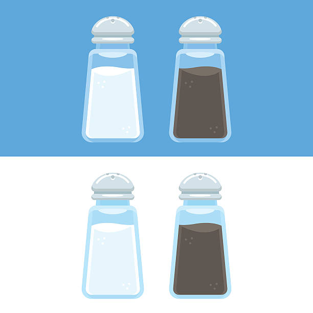 Salt and pepper icons Salt and pepper shakers vector illustration isolated on blue and white background. Cooking spices icons in flat cartoon style. salt seasoning stock illustrations