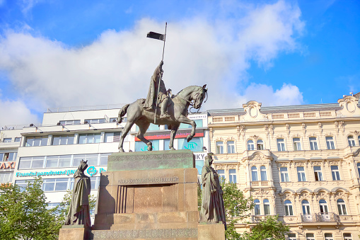 Prague, Czech Republic - May 6, 2012: Czech prince statue of Wenceslaus I, Duke of Bohemia and revered by Catholics and Christians. The monument was erected on Wenceslas Square