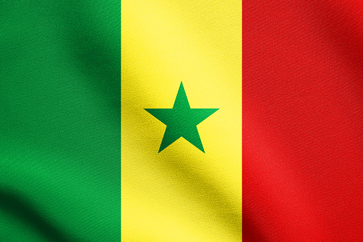 Senegalese national official flag. African patriotic symbol, banner, element, background. Flag of Senegal waving in the wind with detailed fabric texture