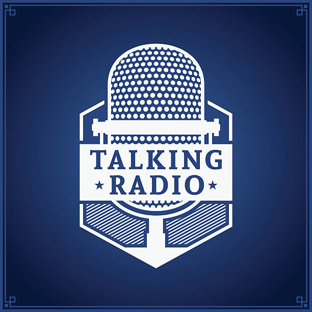 Talking radio logo Vector white talking radio label on blue background. Music icon for radio, branding and identity radio silhouettes stock illustrations