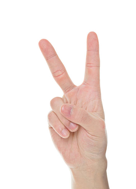 Man hand showing two fingers against white background, sign of victory