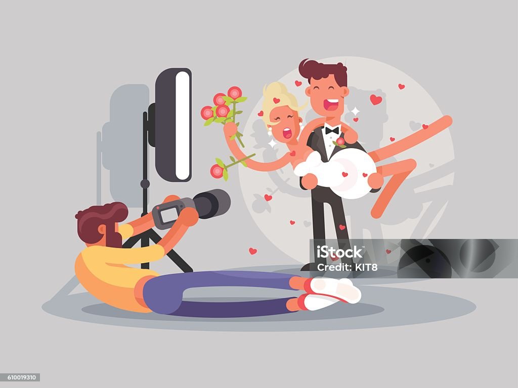 Wedding photographer character Wedding photographer taking pictures of happy newlyweds. Vector illustration flat Filming stock vector