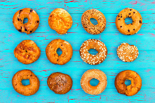 istock Display of twelve assorted freshly baked bagels 610019356