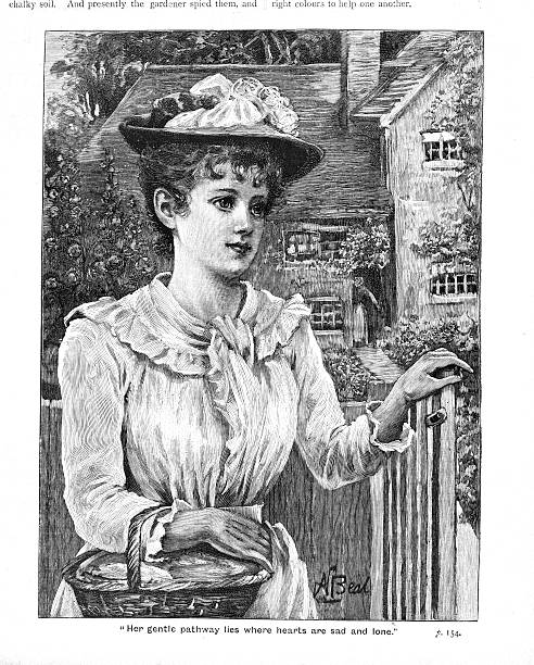 Victorian illustration attractive lady with basket at garden gate