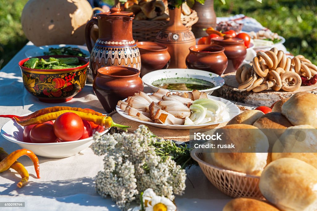 Russian table with food Russian table with traditional food Appetizer Stock Photo