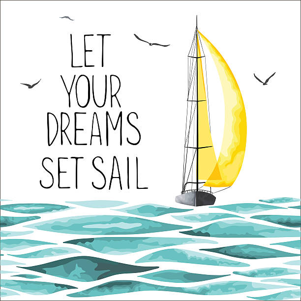 парусной лодке в море и чайкам вокруг. - sailboat nautical vessel lake sea stock illustrations