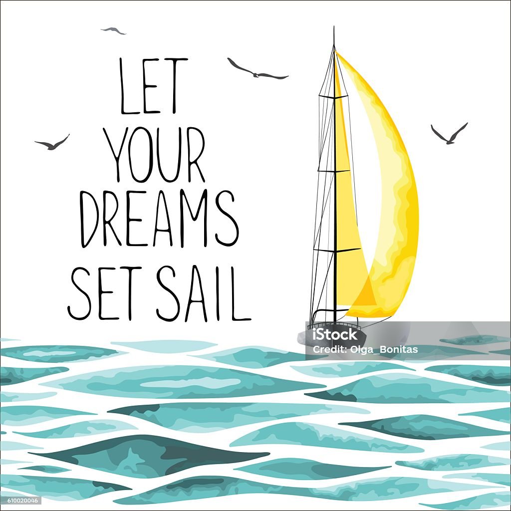 Sailboat in the sea and seagulls around. Sailboat with yellow sail in the sea and seagulls around. Objects made in the vector and isolated on white background. Watercolor imitation. Sport yacht, sailboat. Sailboat stock vector