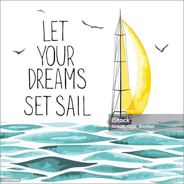 Sailboat In The Sea And Seagulls Around Stock Illustration - Download Image Now - Sailboat, Watercolor Painting, Nautical Vessel