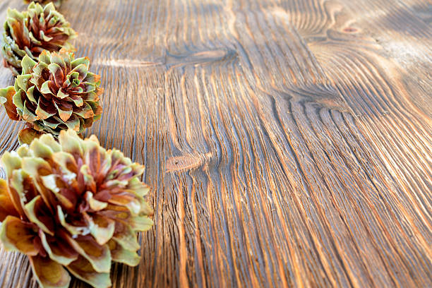 istock Several spruce cones on the wooden background. 610035116
