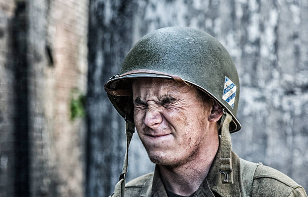 World War II US Army Soldier With Eyes Squeezed Closed