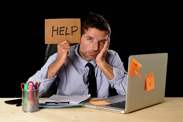 Photo of tired desperate businessman in office stress working asking for help