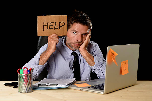 tired desperate businessman in office stress working asking for help - frustration computer confusion businessman imagens e fotografias de stock