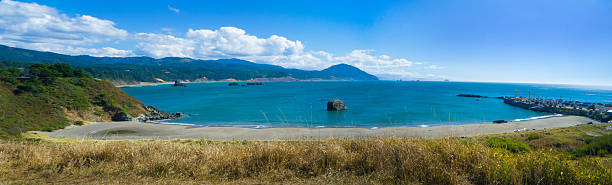 This panorama image shows the bay at Port Orford,Oregon,USA looking South along the Oregon coastline. Port Orford offers no safe mooring for it's fishing fleet so all boats must be hoisted in and out daily and secured on the harbor dock. This is known as a \