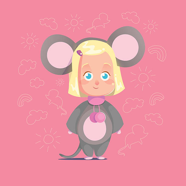 istock Cute little girl mouse costume Flat Isolated Vector Cartoon Style 610038584