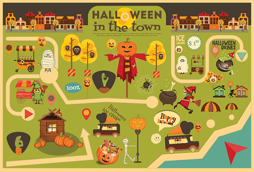 Halloween in Town - Street Food and October Party Symbols on City Map.  Sweet Treats and Jack-o-lantern. Invitation Card for Party. Vector Illustration.