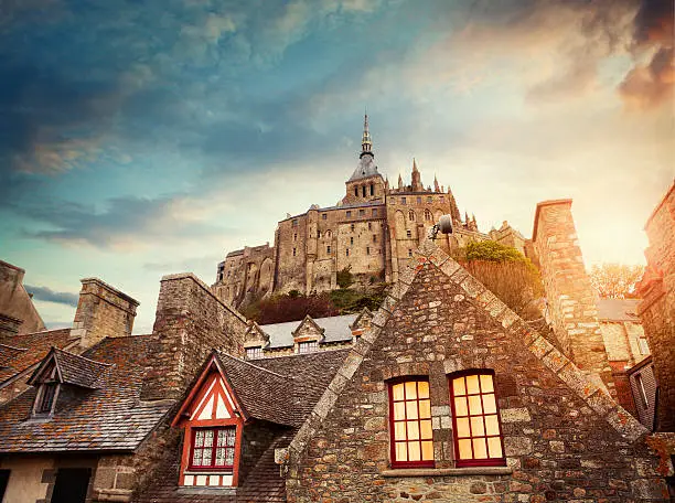 Le Mont Saint-Michel Monastery by twilight, France