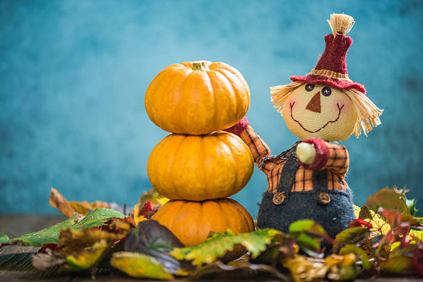 istock Funny scarecrow farmer show fall produce crop 610043180