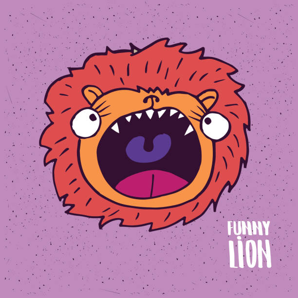 Lion with open mouth in handmade cartoon style Cute lion with open mouth on slightly desaturated magenta background. Lettering funny lion. Handmade cartoon style leo photos stock illustrations