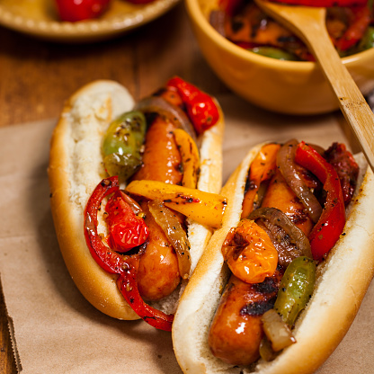 Fajita Style Hot Dogs with Roasted Veggies Dinner. Selective focus.