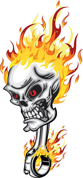 череп головной поршень на огне красный глаз с пламенем - sapience stock illustrations