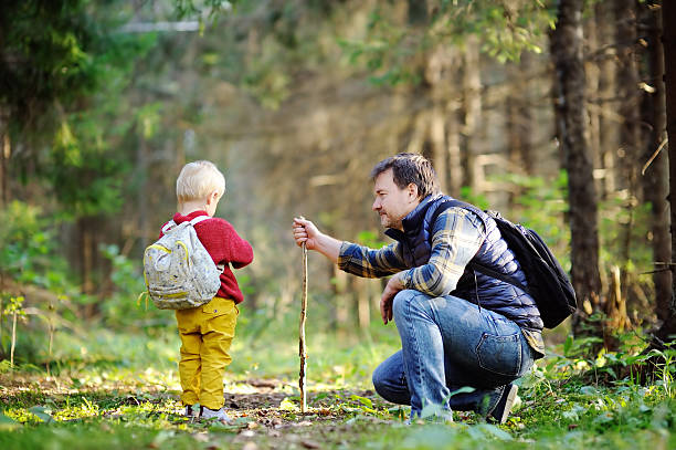 istock Father and son walking during the hiking activities in forest 610046738