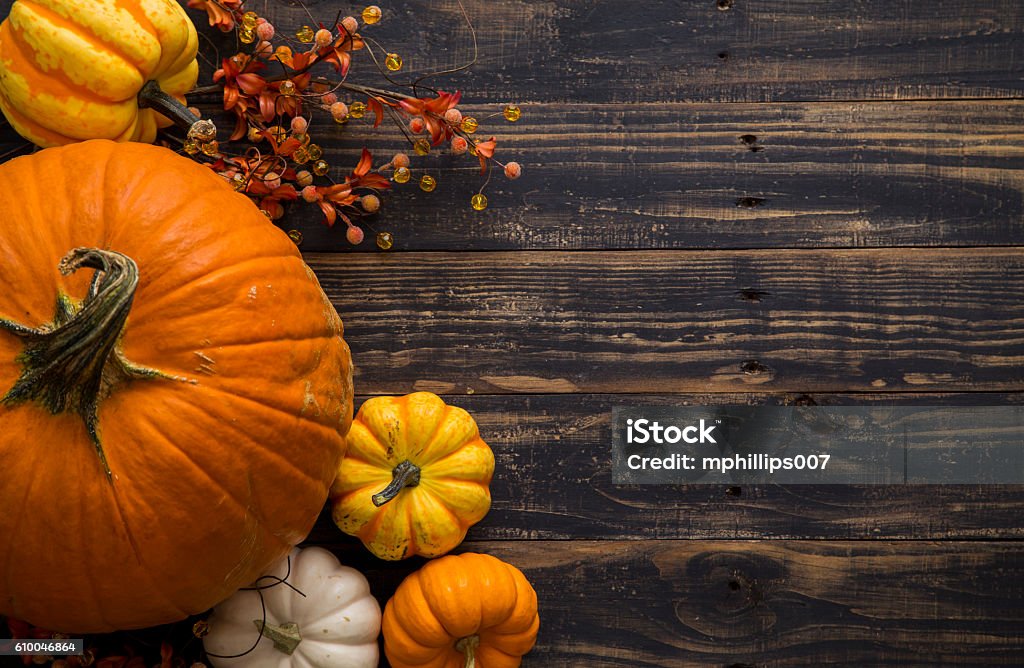 Fall Pumpkin Holiday Background Assortment of pumpkins and gourds on a rustic black wood table with copy space. Autumn Stock Photo