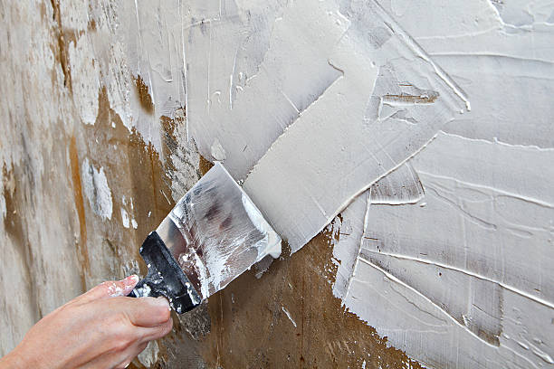allineamento di pittori di pareti putty, mani pittoriche che tengono spatola d'acciaio. - priming paint foto e immagini stock