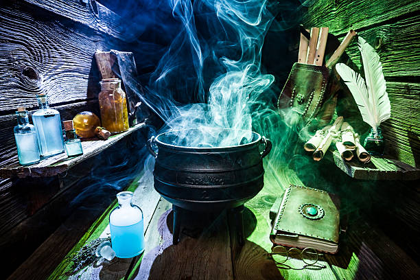 istock Magical witch workshop with blue and green smoke for Halloween 610050300