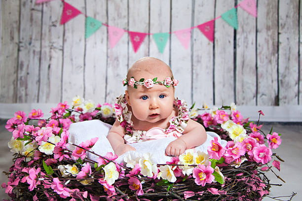 fille mentant dans un nid de fleurs - newborn little girls baby lying down photos et images de collection