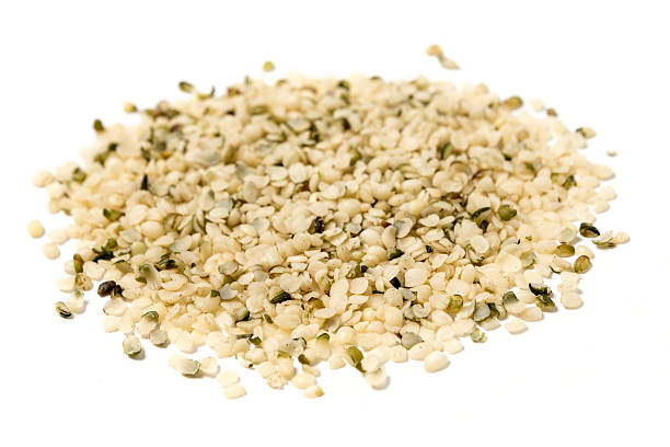 istock Pile of hemp hearts isolated on white background 610118540