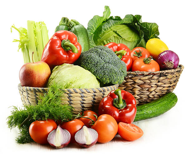 istock Composition with raw vegetables and wicker basket isolated on white 610118860