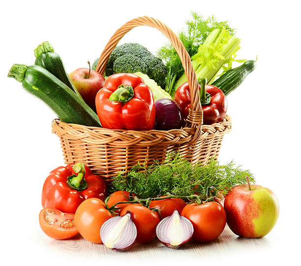 istock Composition with raw vegetables and wicker basket isolated on white 610119194