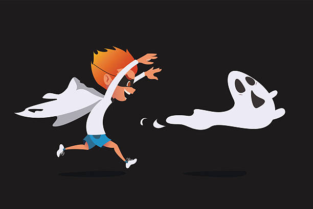 Cute kid in a ghost costume pursuing  real spook Cute kid in a ghost costume pursuing a real ghost. Prank Halloween cartoon illustration. Vector. katt halloween stock illustrations