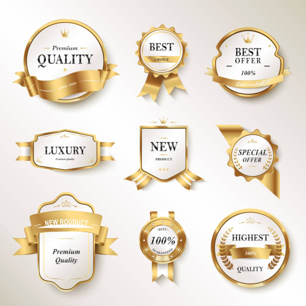 Elegant pearl white labels set Elegant pearl white labels set, glossy labels with golden frame over beige background sales win stock illustrations