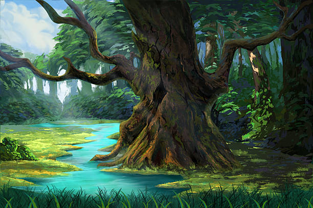 illustrations, cliparts, dessins animés et icônes de un arbre ancien dans la forêt au bord de la rivière - tree stream forest woods