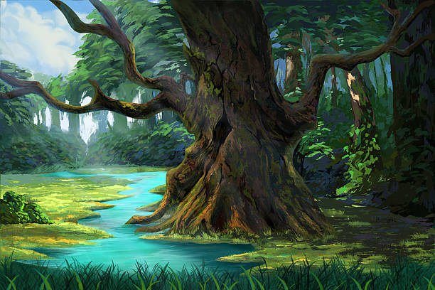 ilustrações de stock, clip art, desenhos animados e ícones de an ancient tree in the forest by the riverside - paintings landscape fairy tale painted image