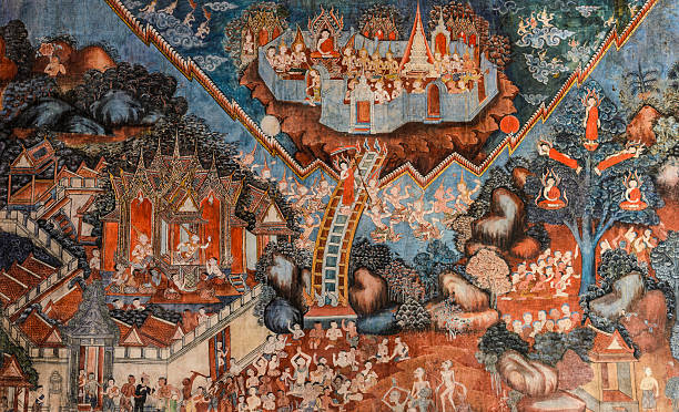 istock Ancient Buddhist temple mural painting in Thailand 610122826