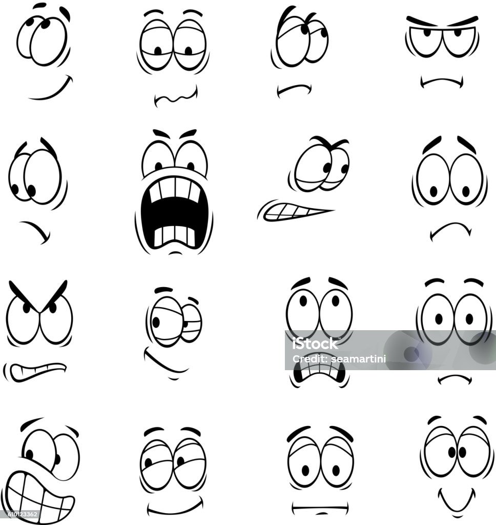 Human cartoon eyes emoticons symbols Human cartoon eyes with face expressions and emotions. Cute smiles icons for emoticons. Vector emoji elements smiling, happy, surprised, sad, angry, mad, stupid, crying, shocked, comic, upset silly scared Cartoon stock vector