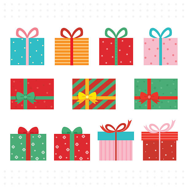 Set of colorful gift boxes. present, gift, box,ribbon,Christmas,holiday,shopping label clipart stock illustrations