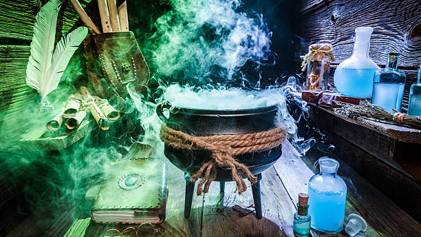 istock Full of magic mixture in witch hut with potions 610124956