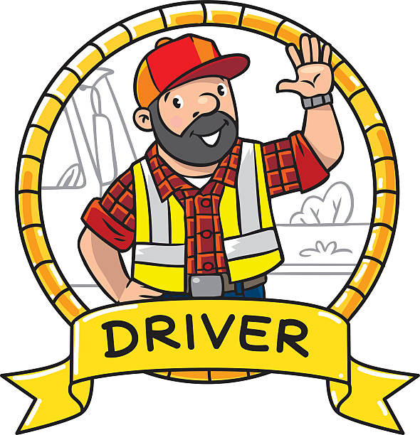 Funny driver or worker. Emblem. Emblem with funny driver or worker. A man dressed in a plaid shirt, vest with reflective stripes and jeans Profession series. Childrens vector illustration. construction hiring stock illustrations