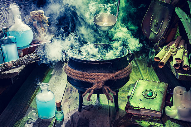 istock Full of magic mixture witcher hut with green smoke 610126492