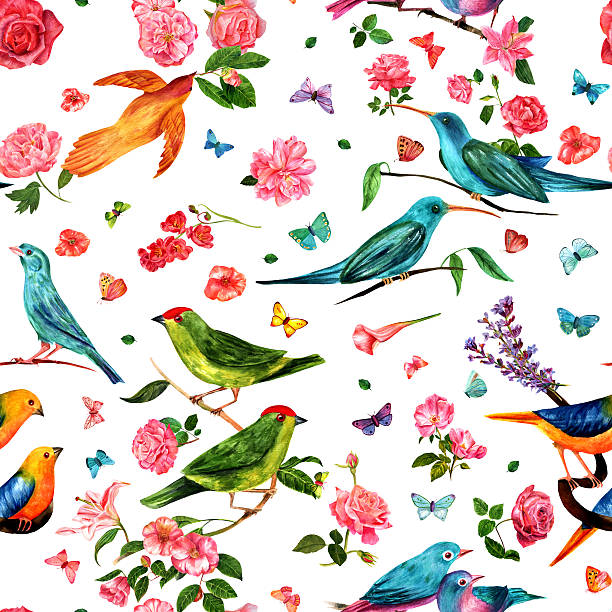 istock Seamless pattern with watercolor birds, flowers and butterflies 610127746