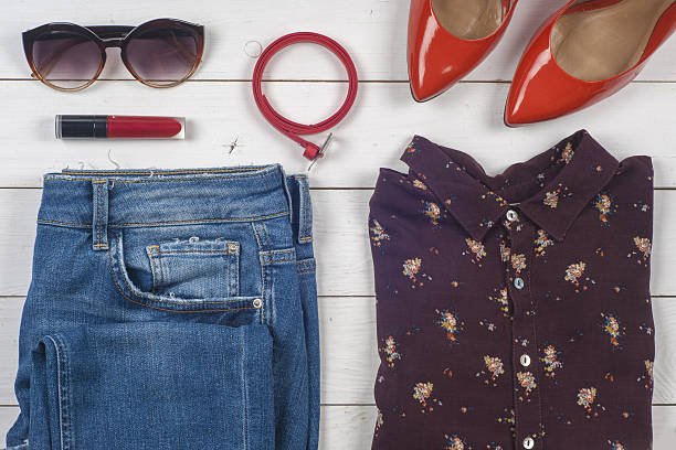 istock Women clothing set and accessories on light  background. 610128278