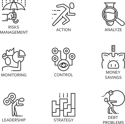 Black flat line vector set icons with a picture of a symbol business process and conducting business on white background.