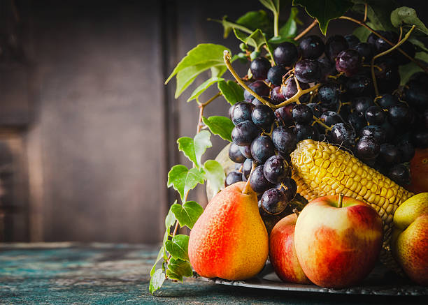 istock Plate with various harvesting fruits and vegetables, side view 610130830