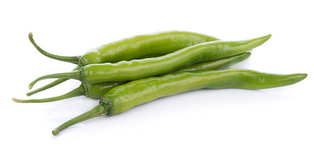 istock Green hot chili pepper on white background 610131602