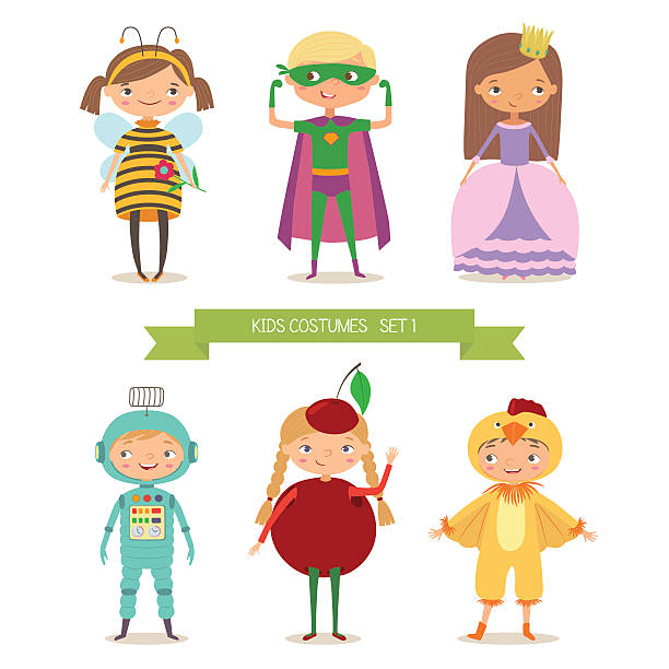 Сute kids in different costume Children party costumes. Superhero, bee, princess, robot, cherry and chicken costume. Cartoon vector illustration of boys and girls in different costume kid animal costume stock illustrations