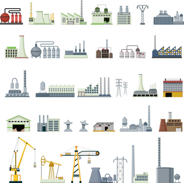 różne rodzaje fabryk - computer icon symbol oil industry power station stock illustrations