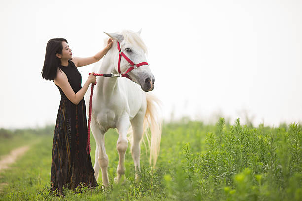 femme et cheval en nature - bride women standing beauty in nature photos et images de collection